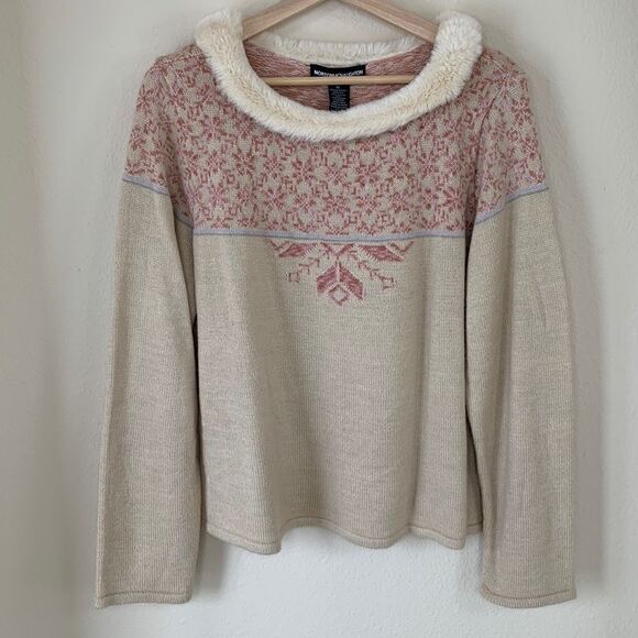 Vintage Fair Isle Cream pastel pink snowflake sweater Fur Collar size XL - Picture 1 of 9